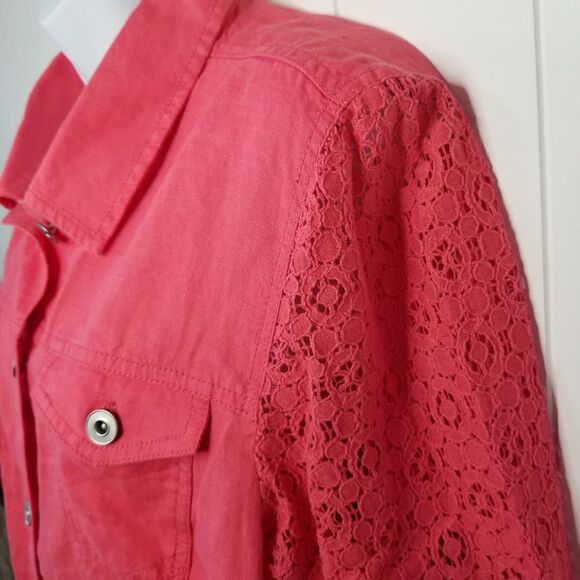 Chico's Jacket Size 2 US Medium Petite Button Up Lace Sleeve Linen - Picture 4 of 9
